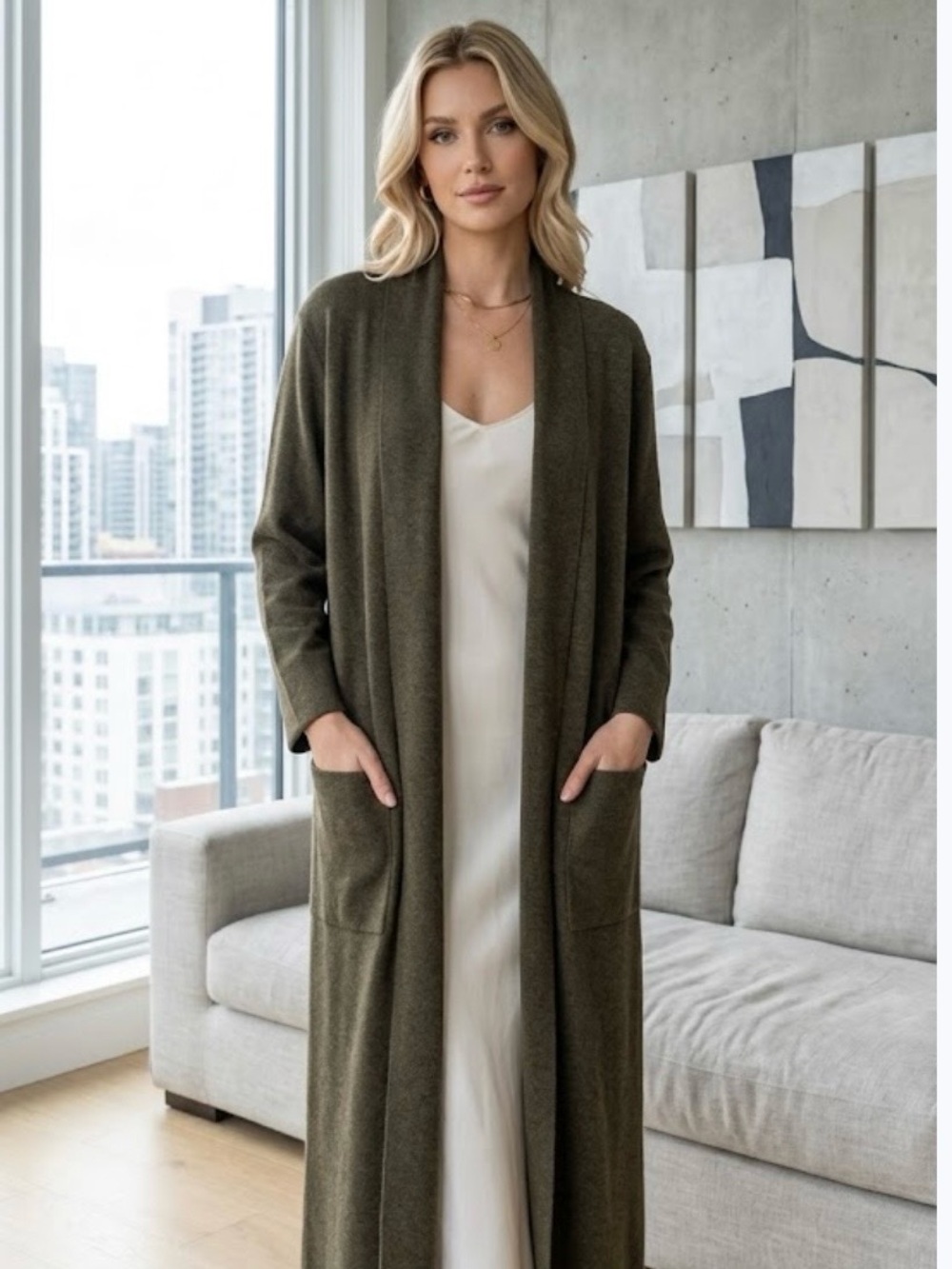 🔴 MaxMara Olive Green Longline Knit Cardigan-L